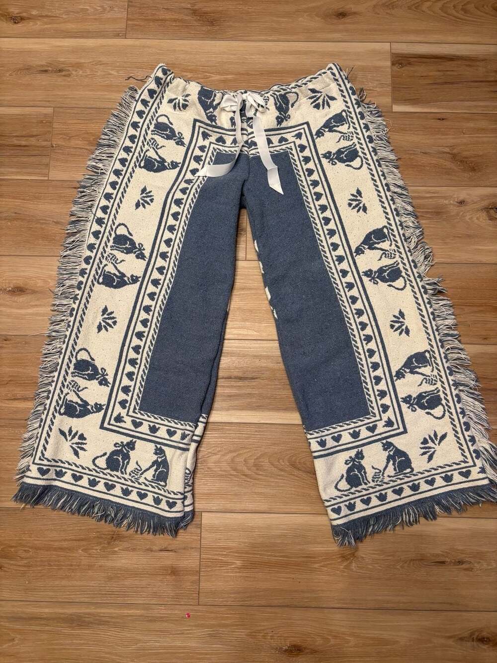 1of1 Handmade Tapestry Kitty Cat Print Drawstring Blanket Pants Fringe - Picture 2 of 8